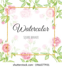 watercolor beautiful English rose flower bouquet garden with gold square banner background