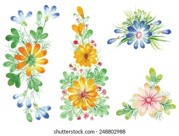 watercolor beautiful flowers with leaves