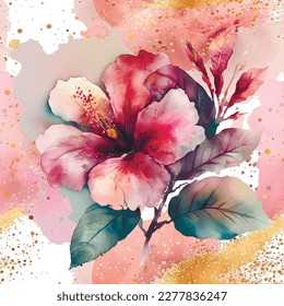 Watercolor beautiful hibiscus flowers seamless pattern. Dirty spotty watercolor background with gold glitters. Hand drawn paint hibiscuc flower, leaves. Modern ornament. Endless grunge ornate texture.