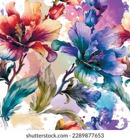 Watercolor beautiful hibiscus flowers seamless pattern. Dirty colorful watercolor background. Hand drawn paint blossom flowers, leaves, brush strokes. Artistic repeat ornament. Endless grunge texture.