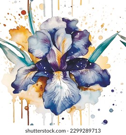 Watercolor beautiful iris flowers seamless pattern. Dirty spotty watercolor vector background. Hand drawn paint flower, leaves, spot, stain. Modern artistic isolated ornament on white. Endless texture