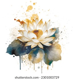 Watercolor beautiful lotus flower pattern. Water lily.Dirty spotty watercolor vector background. Hand drawn paint lotus flower, leaves. Modern artistic ornament. Grunge ornate texture. Clip art.