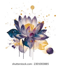 Watercolor beautiful lotus flower pattern. Water lily.Dirty spotty watercolor vector background. Hand drawn paint lotus flower, leaves. Modern artistic ornament. Grunge ornate texture. Clip art.