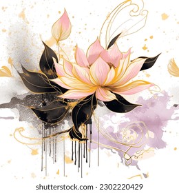 Watercolor beautiful lotus flowers seamless pattern. Dirty watercolor background with spots, splatters. Hand drawn paint lotus flower, leaves. Modern artistic vintage ornament. Endless grunge texture.