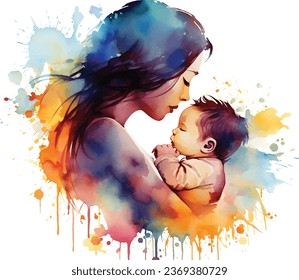 Watercolor Beautiful Mother Holding a Baby in Hand, Happy Mother's Day