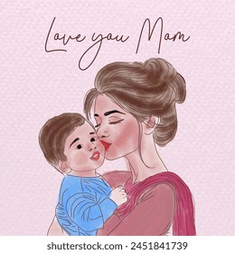 Madre hermosa que sostiene un bebé en la mano | Feliz Día de la Madre. El día de mamá. Ilustración vectorial. Ilustraciones de una madre y su hijo en acuarela.