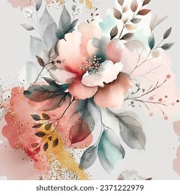 Watercolor beautiful pastel colors flowers seamless pattern with splashes and gold glitter. Watercolor drawn background. Hand drawn paint blossom flowers, leaves. Modern textured artistic ornaments.