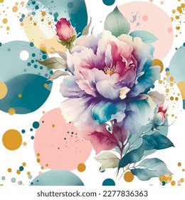 Watercolor beautiful peonies flowers seamless pattern. Dirty spotty watercolor background with circles. Hand drawn paint peony flower, leaves. Modern artistic ornament. Endless grunge ornate texture.