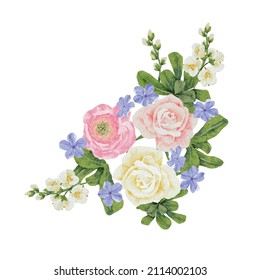 watercolor beautiful pink and white rose, ranunculus and blue Plumbago auriculata plant flower bouquet clipart digital painting