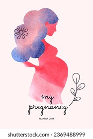 Watercolor beautiful pregnant woman silhouette. Vector illustration