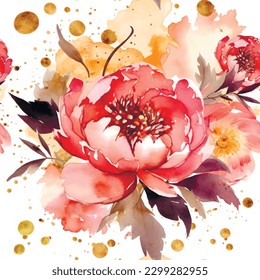 Watercolor beautiful red peony flowers seamless pattern. Dirty spotty watercolor vector background. Hand drawn paint peonies flowers, leaves. Modern artistic ornament. Endless grunge ornate texture.