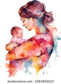 Watercolor Beautiful Silhouette Mother Holding a Baby in Hand | Happy Mother's Day