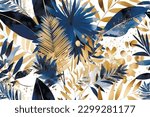 Watercolor beautiful tropical seamless pattern. Dirty spotty watercolor vector background. Hand drawn paint palm branches, leaves, glitters. Modern artistic tropic ornaments in cobalt blue gold colors
