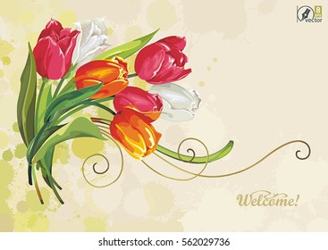 Watercolor beautiful tulips flowers. Bouquet for greeting card. Banner template with Vintage style. Spring floral postcard