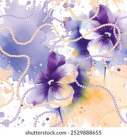 Aquarela belas flores violeta e pérolas contas colares padrão sem costura em fundo de aquarela suja manchada. Desenhado à mão flores pintadas, folhas, respingos. Modernos ornamentos vetoriais florais.