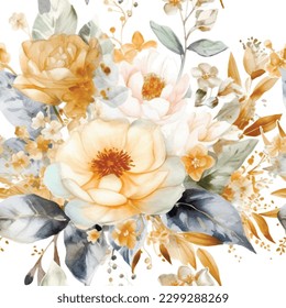 Motif harmonieux de fleurs à l'aquarelle d'une belle élégance blanche et jaune. Image vectorielle à l'aquarelle, arrière-plan blanc. Fleurs de peinture dessinées à la main, feuilles. L'ornement artistique moderne. Texture infini grunge orné.