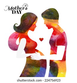 Watercolor pregnan? beautiful woman silhouette with her husband. Card of Happy Mothers Day. Vector illustration