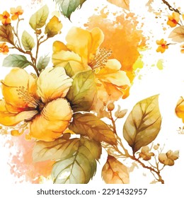 Watercolor beautiful yellow hibiscus flowers seamless pattern. Dirty colorful watercolor background. Hand drawn vector blossom flowers, leaves, spots. Artistic repeat ornament. Endless grunge texture.