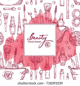Watercolor beauty background with cosmetics .Vector hand drawn illustration.