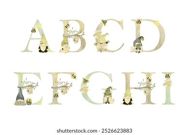 Watercolor bee gnomes vector letters for invitation card, nursery poster and other.