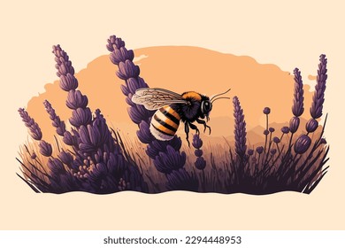 watercolor bee sitting on a lavender flower