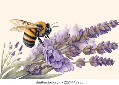 abeja acuarela sentada en una flor de lavanda