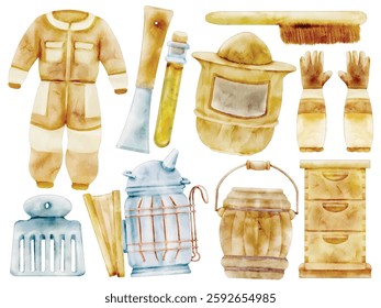 Watercolor Beekeeping Equipment Illustration Set - Hand-Painted, Realistic, Rustic Style - Beekeeper Suit, Smoker, Hive Box, Honey Extractor, Protective Gloves, Bee Brush, Vector Illustration