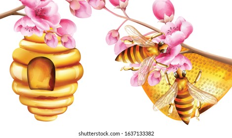 Watercolor bees building a honeycomb on sakura tree branches