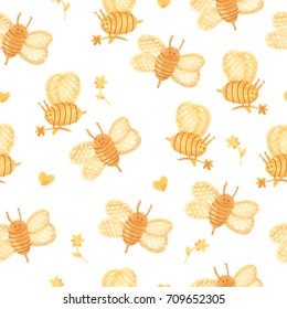 Watercolor bees on a white background. Natural seamless pattern with cute bee.