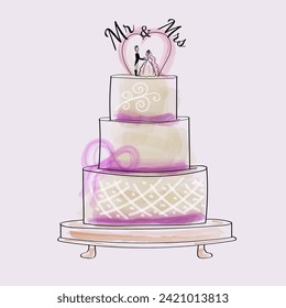 Watercolor beige and violet wedding cake with ribbon. Mr and Mrs . Three layered delicious cream. Bride and groom stand near heart shape. Vector illustration