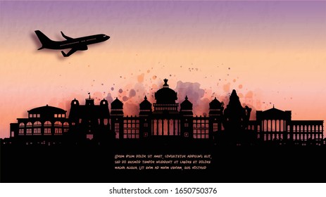 Watercolor of Bengaluru, India silhouette skyline and famous landmark. vector illustration.