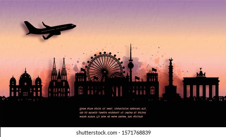 Watercolor of Berlin, Germany silhouette skyline and famous landmark. vector illustration.