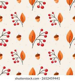Bagas de aquarela, bolota e outono deixa vetor padrão sem costura com tons sazonais acolhedores. Ideal para embrulhar papel, têxtil e decoração com tema de queda.