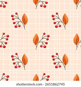 Watercolor berries and autumn leaves seamless pattern vector with cozy seasonal tones. Ideal for wrapping paper, textile, and fall-themed decor.