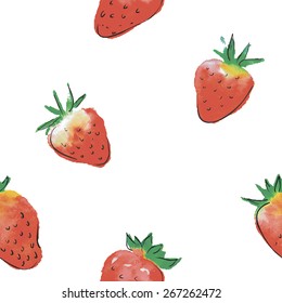 Watercolor berries seamless pattern. Repeating hand drawn texture with strawberry. Vector food illustration.