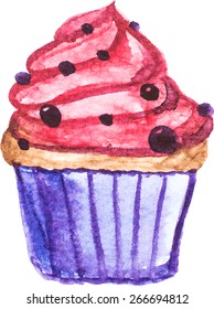 Watercolor berry muffin. Vector watercolor vintage artwork