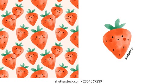 Watercolor berry seamless pattern. Cute cartoon character with eyes and smiles, strawberry. Childish nursery and textile decor. T-shirt print, wrapping paper, wallpaper design, vector illustration