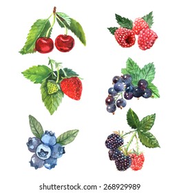 Watercolor berry set with cherry raspberry strawberry isolated vector illustration