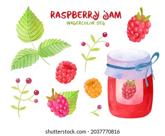 Watercolor berry set with raspberries, lingonberries and delicious jam