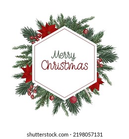 Watercolor Berry wreath for Christmas. Winter eco friendly decor for printing greeting card with spruce branches, poinsettia flower and red berry