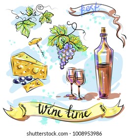 Watercolor best wine time concept vector illustration. Bottle of wine, glasses of wine, bunch of grapes, cheese, grape leaves and corkscrew sketch hand drawn elements.