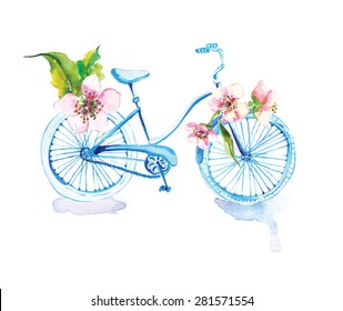 Watercolor bicycle with flowers over white, Vector