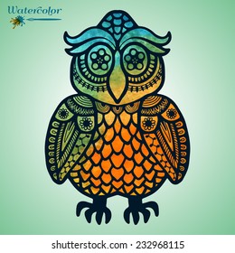 Watercolor bird. Decorative graphic owl with geometric ornament, vector illustration