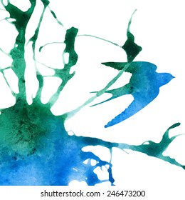 Watercolor bird fly away from splodge tentacles. Paint silhouette of a swallow. Beautiful stain and texture of a painted paper. 