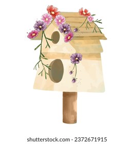 Watercolor Bird house vector illustration, floral decorative