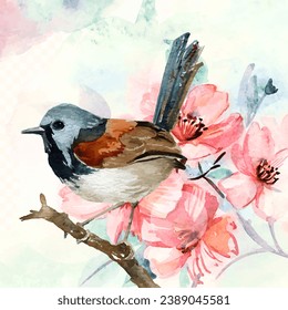 watercolor bird with red flower background