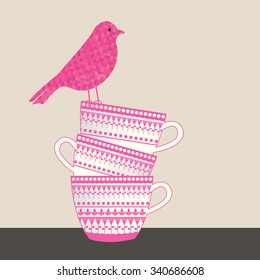 Watercolor  bird sitting on a stack of cups 