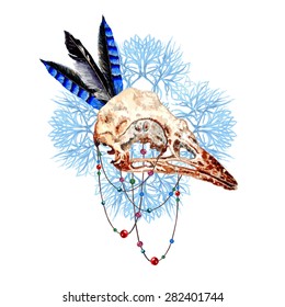 Watercolor Bird Skull, Feathers, Mandala & Beaded Threads, isolated on white background. Vector Element for your design. Hand drawn illustration. 