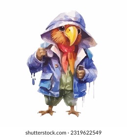 watercolor bird wearing clothes playfull funny white background isolated. vector illustration
