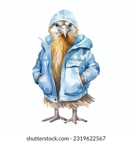 watercolor bird wearing clothes playfull funny white background isolated. vector illustration